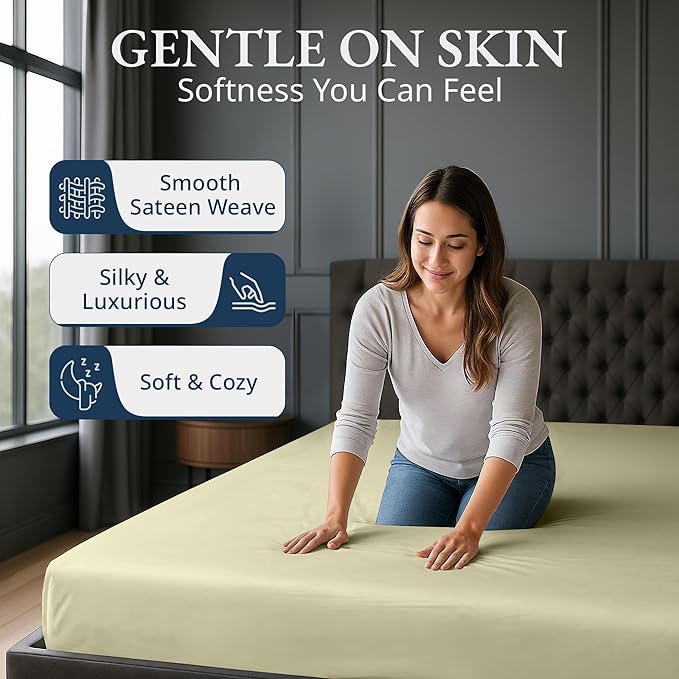 Lane Linen 100% Egyptian Cotton Queen Size Fitted Sheet Only (61"x81" + 16") - Elegant Sateen Weave, Ultra Soft, Breathable, Highly Durable, Deep Pockets Upto 17" - Seafoam