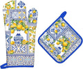 Yellow Lemon Oven Mitts and Pot Holders Sets 2Pcs, 100% Cotton Heat Resistant, Extra Long Oven Gloves Potholder for Kitchen Cooking Baking Decoration