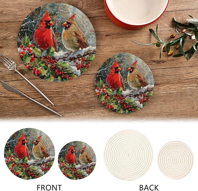Boccsty Winter Two Cardinal Trivet Mat 2PCS Red Birds Round Woven Potholders Kitchen Table Countertop Protector Hot Pads Farmhouse Cooking
