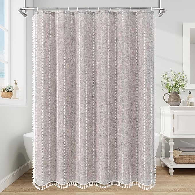 MitoVilla Boho Extra Long Shower Curtain 72 x 96, Taupe Grey Modern Farmhouse 96 inch XL Polyester Linen Texture Tassel Fabric Shower Curtain Set with Hooks for Cottagecore Country Bathroom Decor