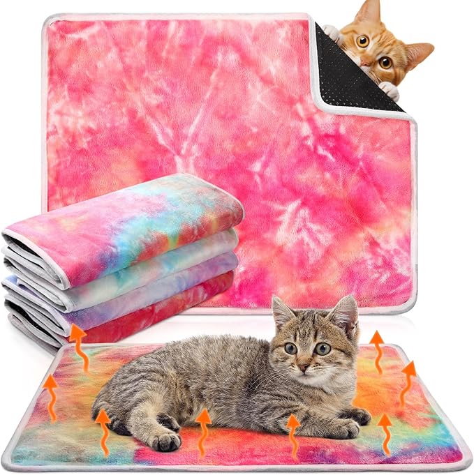 Clysee 4 Pack Self Heating Cat Bed Cat Self Warming Pad with Removable Cover Extra Warm Thermal Pet Pad Washable Pet Crate Mat Anti Slip Kennel for Indoor Outdoor Pets(Tie Dye,16 x 20 Inches)