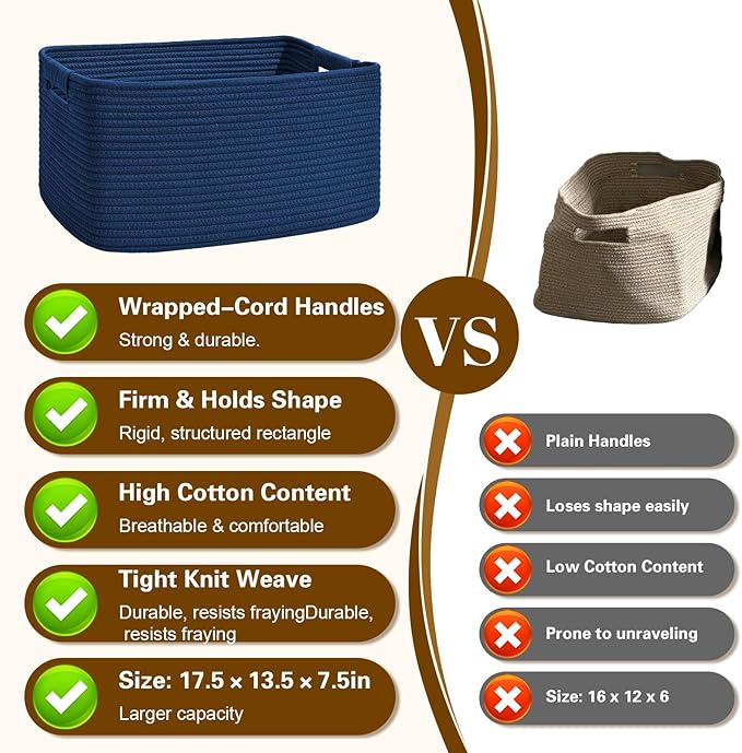 3 Pack Large Storage Basket for Organizing, 17.5"x13.5"x7.5" Woven Basket for Shelves, Closet Cube Storage Bins with Wrapped Handle, Cotton Rope Baskets for Kitchen, Clothes, Toys(Navy Blue)