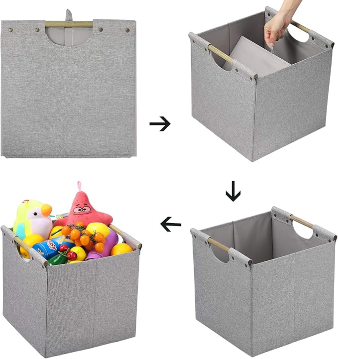 HOONEX Collapsible Storage Bins, 13x13x13in Storage Cubes Linen Fabric, 3 Pack, Storage Baskets with Wooden Carry Handles and Sturdy Heavy Cardboard, for Home, Office, Car, Nursery, Light Grey