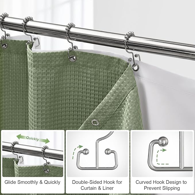 ROLIZOE 3-in-1 Waffle Texture Shower Curtain Set with TPU-Coated Waterproof Liner and 12 Upgraded Double-Sided Hooks, Well-Matched Sizes for a Seamless Fit – Green, 72" x 72"
