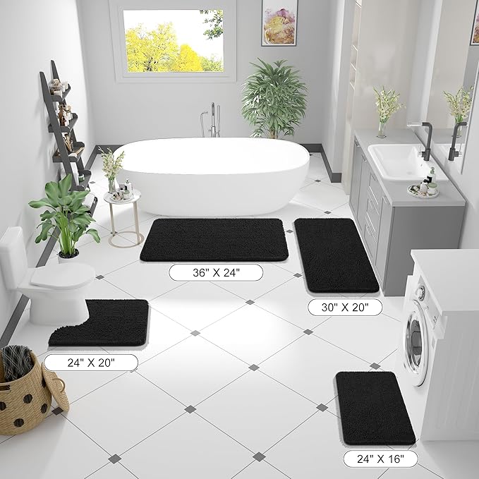OLANLY Bathroom Rugs 44x24, Extra Soft Absorbent Chenille Bath Rugs, Rubber Backing Quick Dry, Machine Washable Bath Mats for Bathroom Floor, Tub and Shower, Home Decor Accessories, Black