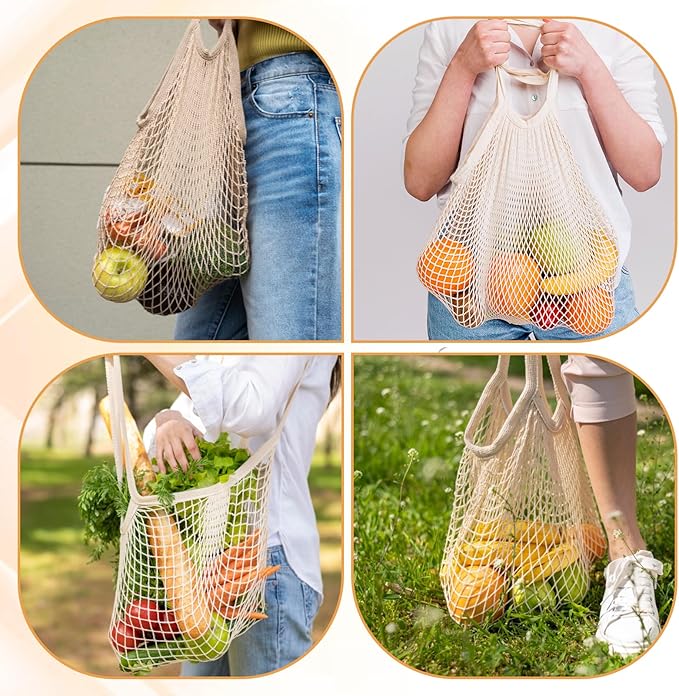 Xelsluthe 2 PCS Cotton Mesh Grocery Bags, Reusable Mesh Produce Net Bags, Long Handle String Shopping Tote Bag for Fruit Veggie Food Storage