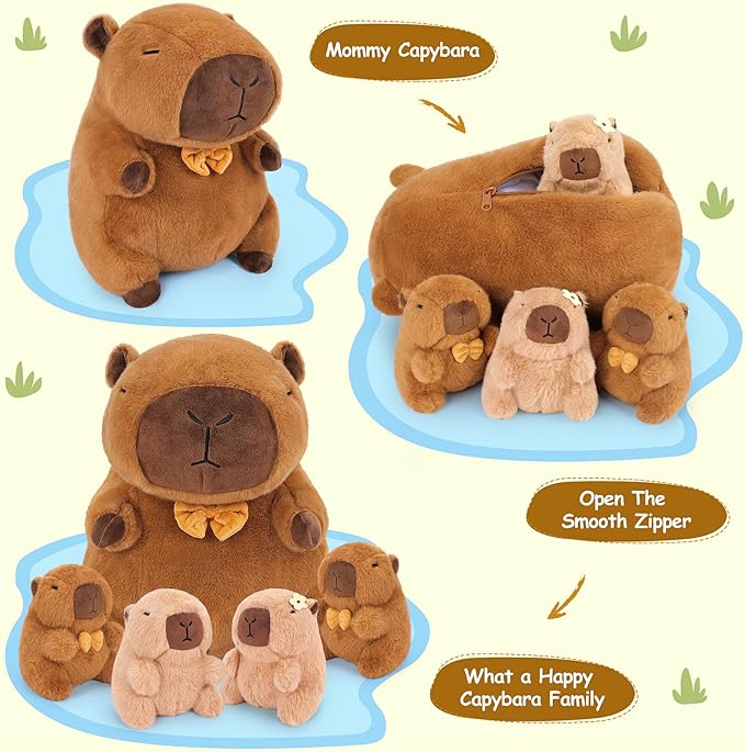 Achwishap 5PCS Capybara Plush,Capybara Stuffed Animal Mommy with 4 Capybaras Babies Plush Toy,Cute Plushie Capybaras Hugging Pillow Cuddle Plushie for Kids Girls Boys Birthday,Capy bara Family 16”