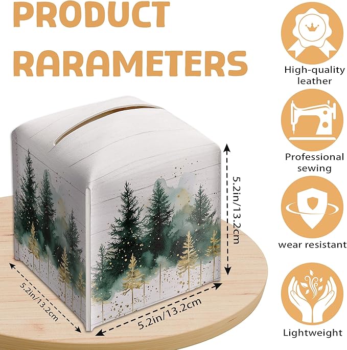 Winter Pine Tree Tissue Box Holder, Christmas Tree Leather Tissue Box Cover Square, Paper Facial Decorative Tissues Cover for Night Stands Bathroom Kitchen Office Home Decor-B17