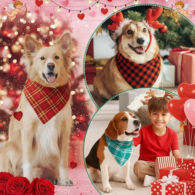 Abbylike 50 Pcs Valentine's & St. Patrick's Day Dog Bandanas Bulk Red & Green Plaid Bandanas for Dogs Triangle Kerchief Bib Scarf for Pet Holiday Costume Photo Props Accessories (31.5 x 21.7 x 21.7)