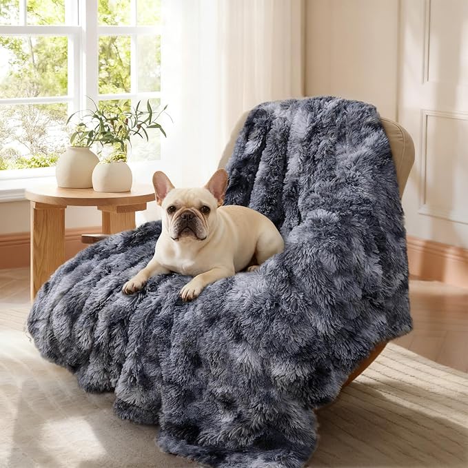 Luciphia Large Waterproof Dog Blanket Pet Washable Liquid Proof Furniture Protector Medium Shaggy Plush Calming Long Faux Fur Bed Cover for Couch Cat Blankets Kitten Doggy, Tie-dye Grey, 40" x 50"