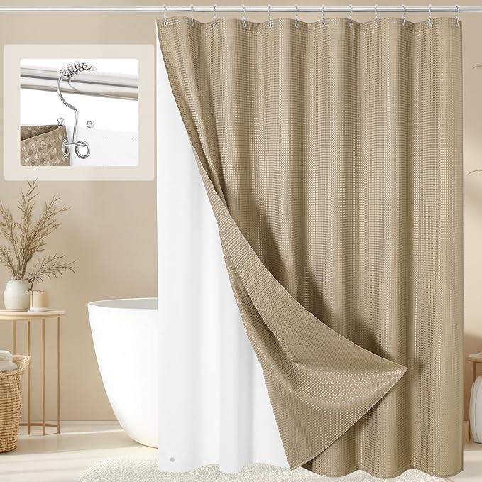 Craidlela 3 in 1 Long Beige Shower Curtain Set-72 W x 78 H, Tan Waffle and PEVA Liner Set with 12 Stainless Steel Hooks, Waterproof Fabric for Bathroom