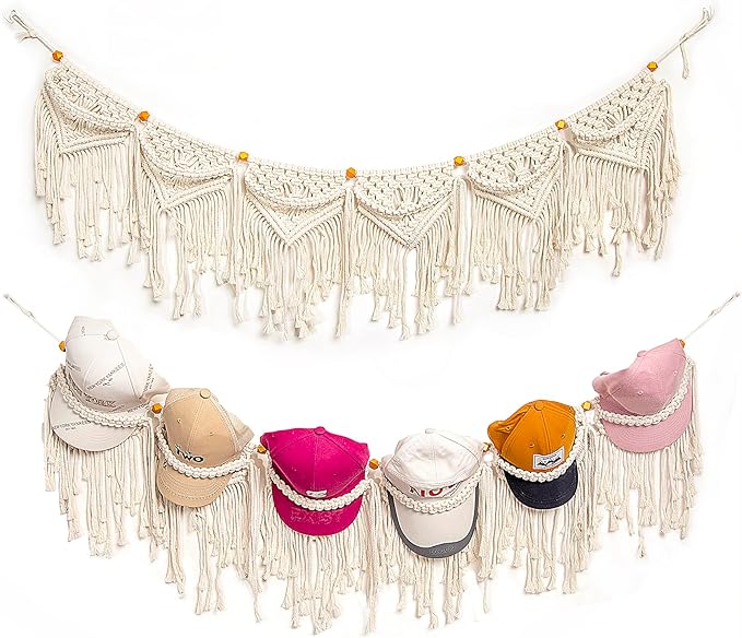 jontell Macrame Hat Organizer Baseball Cap Holder Ball Hat Storage Cap Display with Bead Wall Hanging Hat Rack for Boho Bedroom Living Room-1 Pack