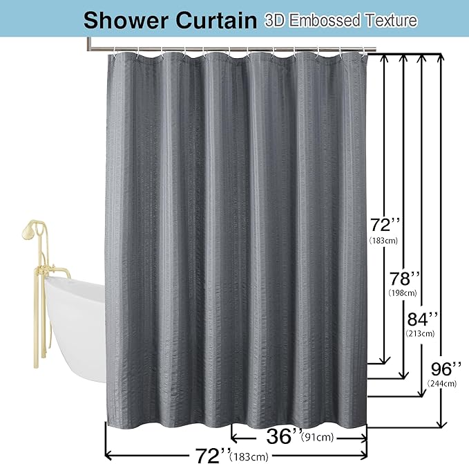 Aiyufeng Moga Extra Long Grey Shower Curtain 96 Inch Long, Embossed Texture Fabric Bathroom Shower Curtain, Large Hotel Bath Curtain with 12 Holes, 72Wx96H, Grey