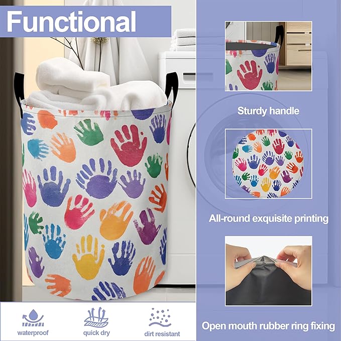Laundry Basket,Cartoon Colorful Handprints Large Canvas Fabric Lightweight Storage Hamper Organizer Dirty Clothes Collapsible Waterproof for College Dorms,Bathroom