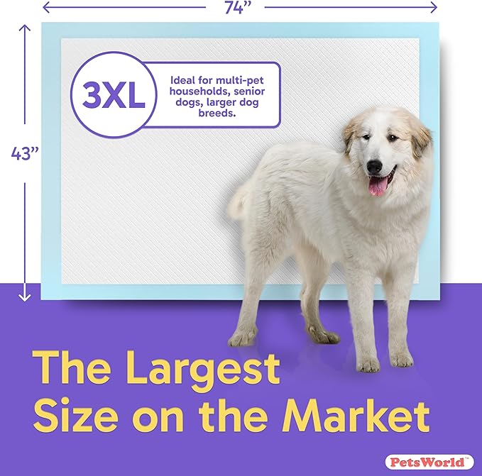 PETSWORLD Premium Extra Large Dog Pee Pads (43" x 74") – Jumbo Puppy Training & Incontinence Pads for Large Dogs & Multi-Pet Homes – Leak-Proof, Odor Control, 5-Layer Absorbency