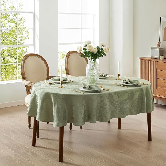 Newbridge Barcelona Damask Fabric Tablecloth, 60 x 144 Inch Rectangle, Sage Green – No Iron, Soil Resistant Table Cover for Dining, Parties and Holidays