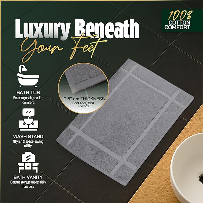 Pearl Linens 100% Ring Spun Cotton Bath Mat (Pack of 6) 18 x 25 Inch, Washable, Soft & Absorbent Terry Bathroom Floor Mat – Not Bathroom Rugs – Quick-Dry After Shower Bath Mat, 687 GSM, Light Grey