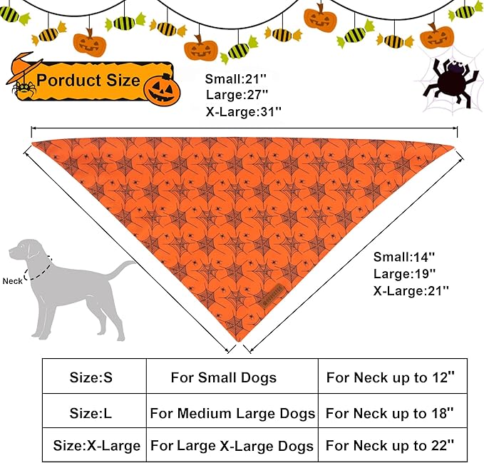 ADOGGYGO Halloween Dog Bandana, Spider Web Ghost Pet Scarf, Premium Durable Fabric, Orange Halloween Bandanas for Extra Large Dogs Pets (X-Large)
