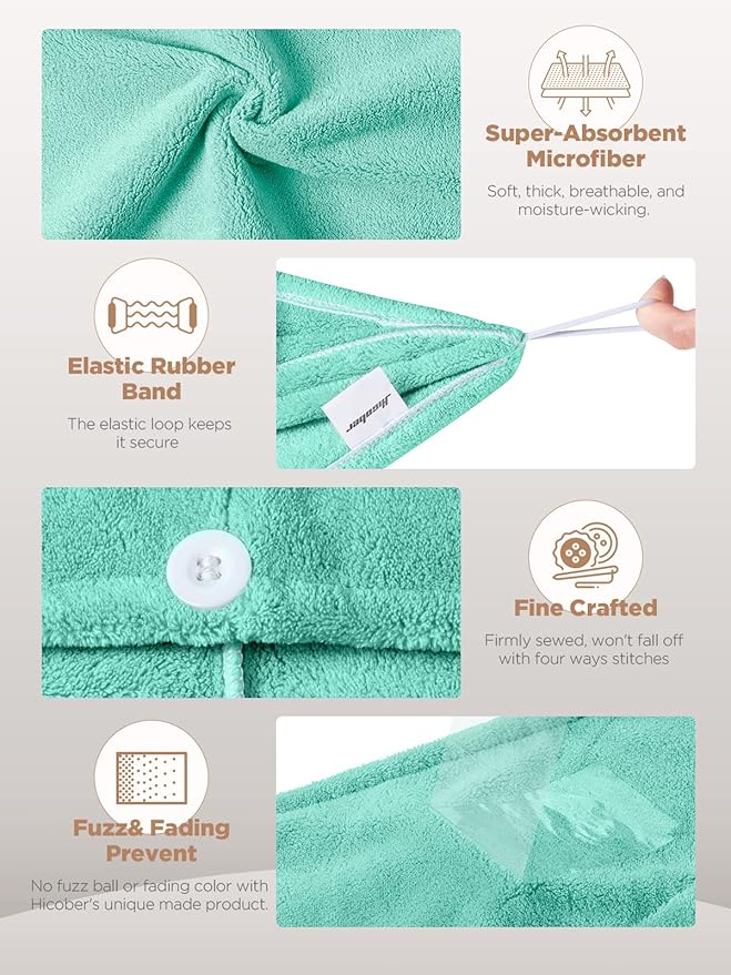 Hicober Microfiber Hair Turbans (3 Pack), Drying Hair Wrap Towels for Curly Women, Anti-Frizz (Green, Purple, Grey)