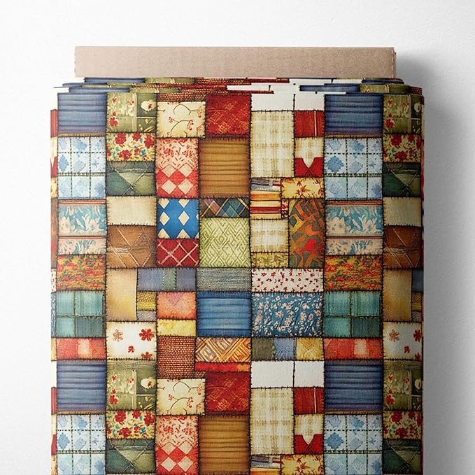 Patchwork Cotton Fabric Panel 61 x 36.6 Inches, Vintage Rustic Quilt Squares Design, 100% Cotton 140 GSM, Sewing Quilting Craft Fabric