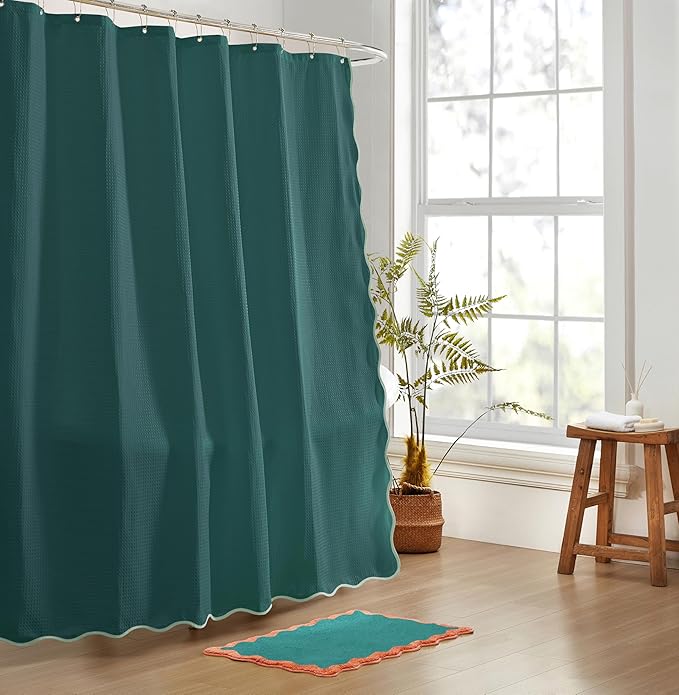 MONDAY MOOSE Scalloped Waffle Weave Shower Curtain with Rustproof Metal Grommet Holes for Bathroom, Machine Washable, Hooks Included (72x72 inch, Light Sage/Dark Teal)