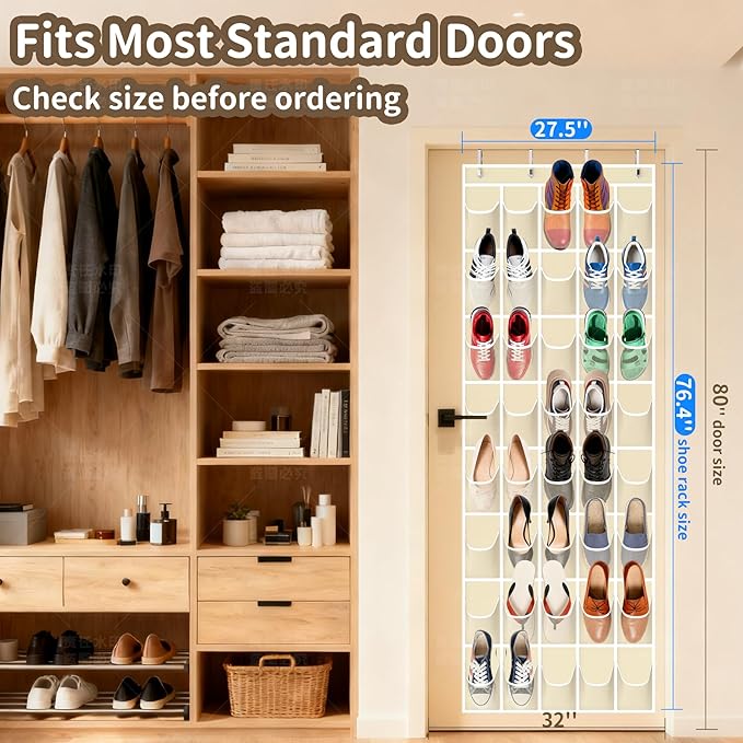 Gisiyunly Over the Door Shoe Organizer with 40 Large Pockets, Multi-Purpose Storage for Shoe and Accessories, Durable Fabric with Adjustable Hooks for Home Closet Bedroom Entryway -Beige