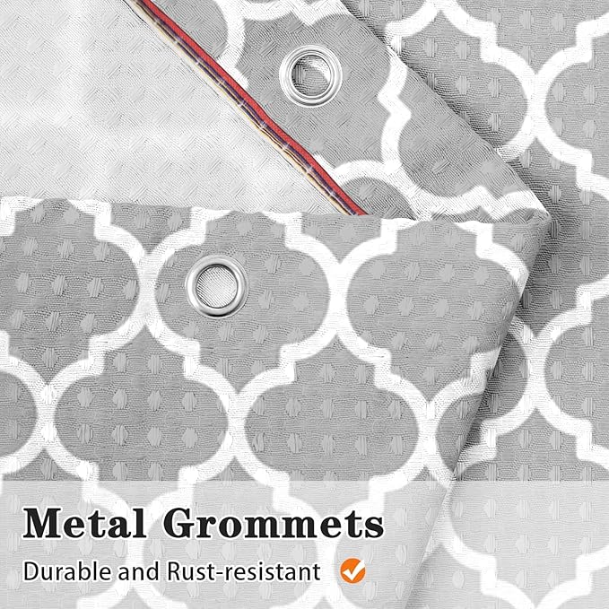 Culudea Gray Plaid Quatrefoil Moroccan Waffle Textured Cloth Shower Curtain Set, Grey Checkered Four Leaf Clover Grid Bathroom Window Waterproof Shower Curtains for Bathroom Decor
