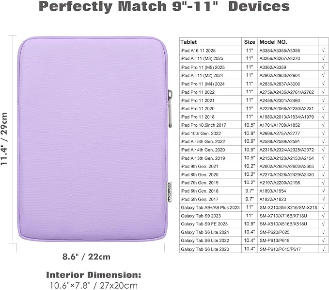 MoKo 9-11 Inch Tablet Sleeve Bag Carrying Case Fits New 11 inch iPad Air M3, iPad A16 2025, iPadPro 11 M4, Air 5/4/3, iPad10/9/8th Gen, Tab S8/S9 11", Lilac