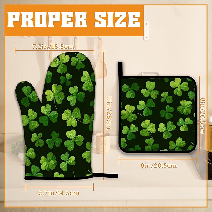 Lucky Clover Oven Mitts and Pot Holders,Patrick's Day Heat Resistant Oven Mitts Gloves and Pot Holder for Home Kitchen Decorations Cooking Baking BBQ Gifts,Set of 4