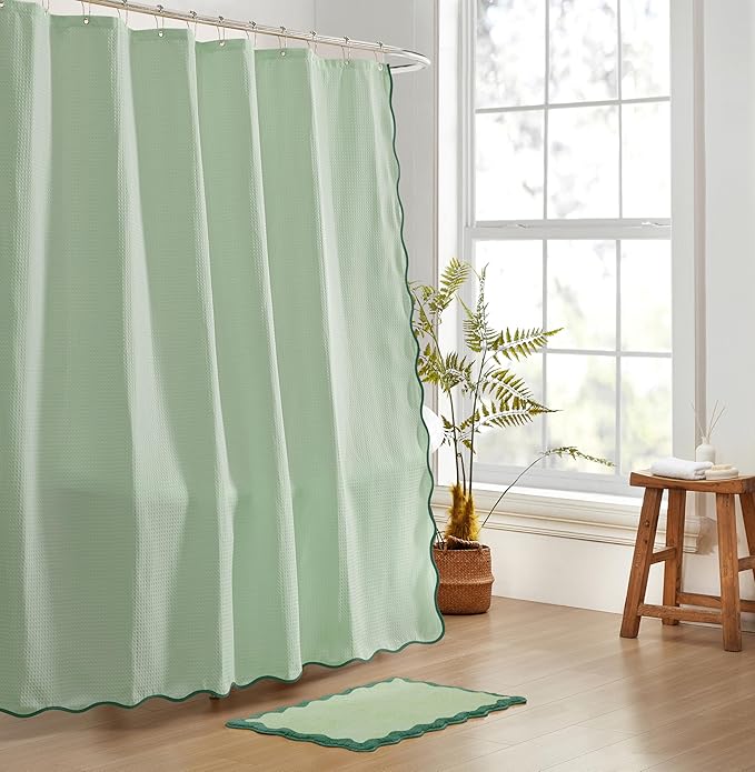 MONDAY MOOSE Scalloped Waffle Weave Shower Curtain with Rustproof Metal Grommet Holes for Bathroom, Machine Washable, Hooks Included (72x72 inch, Dark Green/Light Sage)