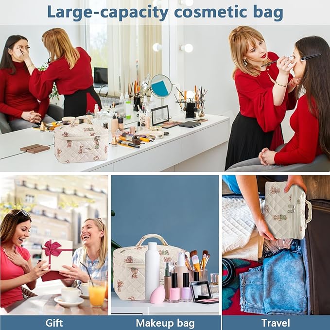 Large Makeup Bag, Cute Cosmetic Bag for Women Girls, Floral Coquette Aesthetic Toiletry Bag, Travel Make Up Organizer Bag (White-Bear)