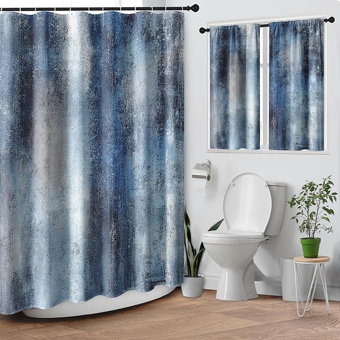 Culudea Blue Grey Gray Painting Shower Curtain Set, Contemporary Abstract Modern Oil Art Bathroom Window Waffle Cloth Waterproof Shower Curtains for Bathroom Decor