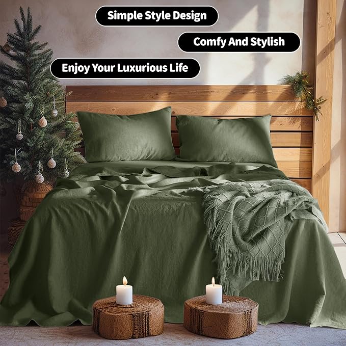 LBRO2M 100% Linen Sheet Set Twin XL Size,Bed Sheets 3 Piece Sets,Solid Color Natural Flax Bed Sheets Soft Breathable Bedding,16" Deep Pocket,All Season (Twin XL, Olive Green)