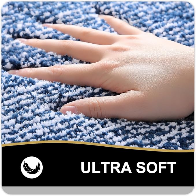 OLANLY Toilet Rugs U-Shaped 24x20, Extra Soft and Absorbent Microfiber Bathroom Rugs, Non-Slip, Machine Wash Dry, Plush Shaggy Contour Bath Mats for Toilet Base (Navy and White)