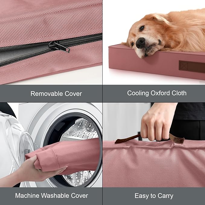 Tail Stories Outdoor Orthopedic Dog Bed, Waterproof Dog Bed for Large Dogs 36x27 Inch, Egg Crate Foam Pet Mat with Washable Removable Oxford Cooling Cover, Pink
