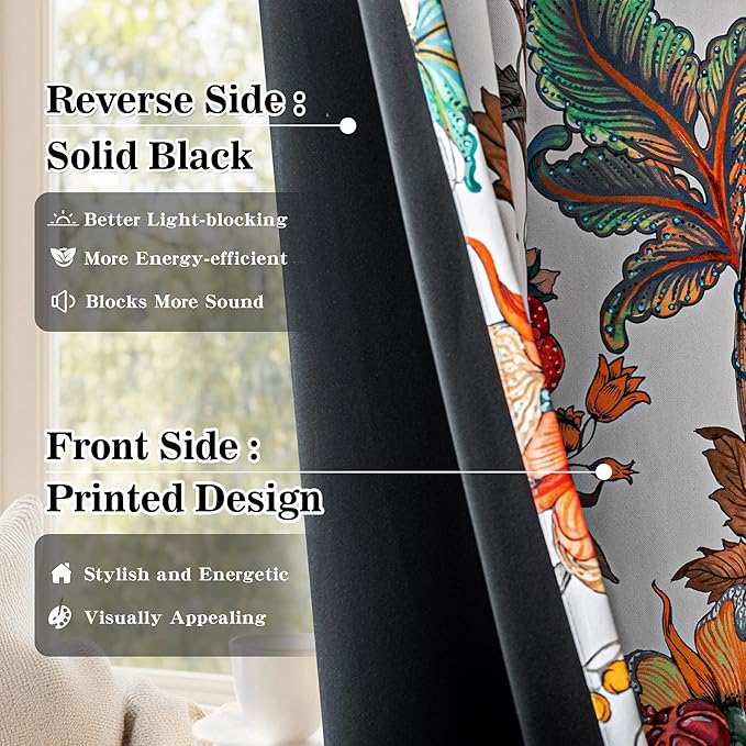 MYSKY HOME 95% Blackout Floral Curtains & Drapes 84 inches Long for Living Room Bedroom Botanical Thermal Insulated Light Blocking Grommet Country Window Panels, 2 Pcs, Greyish White, 52" Wide