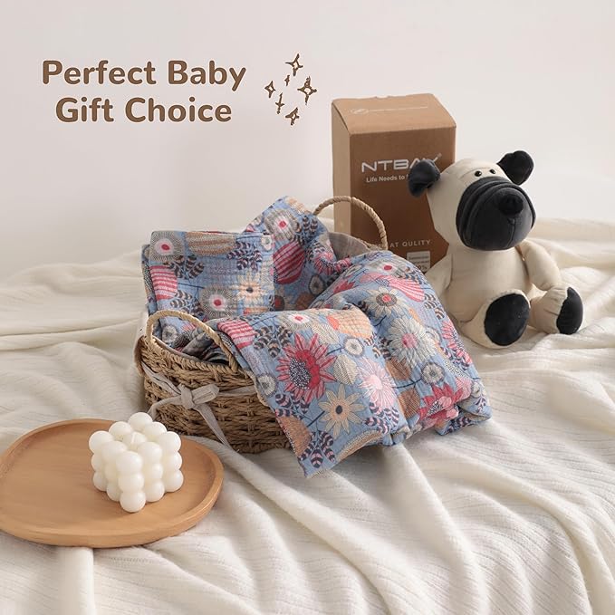 NTBAY 4 Layer Muslin Cotton Toddler Blanket, 42x60 Soft and Breathable Receiving for Newborns and Infants, Perfect for Crib, Stroller, Travel, Lightweight Nursery Blanket, Boho Flower