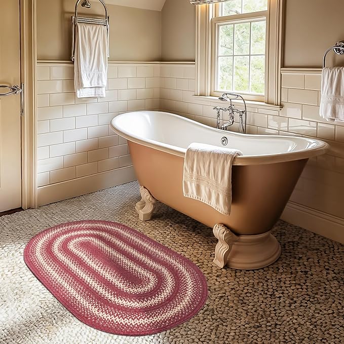 Homespice Autumn Maple Jute Braided Oval Rugs 27x45 - Burgundy and Tan Primitive Kitchen Rugs for Country Decor