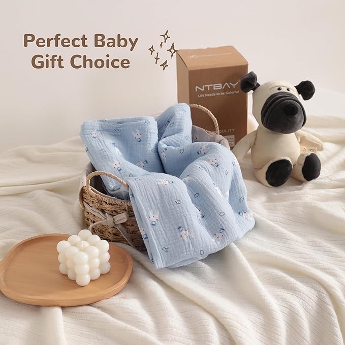 NTBAY 2 Layer Muslin Cotton Baby Swaddle Blanket, 42x60 Soft and Breathable Receiving for Newborns and Infants, Perfect for Crib, Stroller, Travel, Lightweight Nursery Blanket, Cloudy Bunny