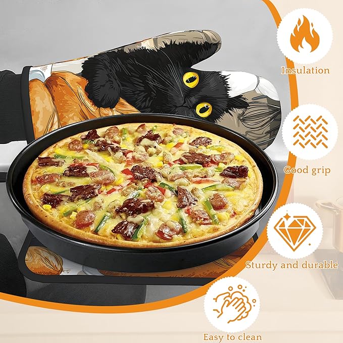 Cute Black Cat Oven Mitts and Pot Holders Set,Chef Kitchen Decor Heat Resistant Non Slip Hot Pads and Oven Mitt for Chef Cooking Baking BBQ Mom Girl Gifts(4 Piece Set)