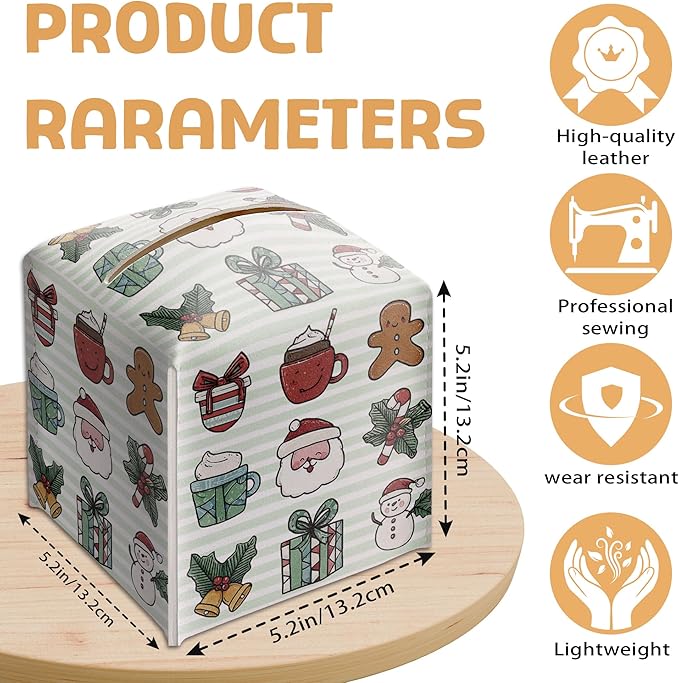 Merry Christmas Tissue Box Holder, Cute Santa Bow Leather Tissue Box Cover Square, Paper Facial Decorative Tissues Cover for Night Stands Bathroom Kitchen Office Home Decor-B30
