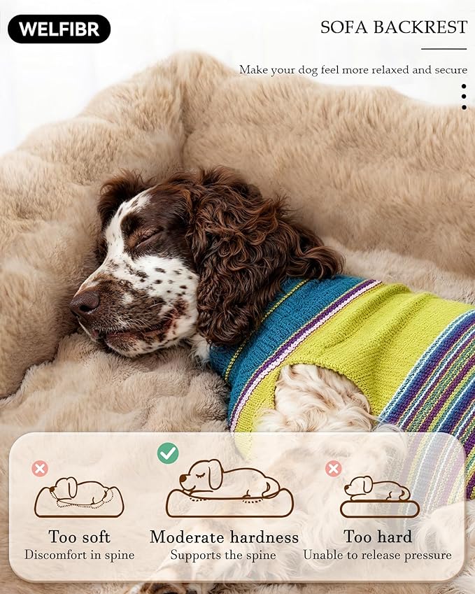 Welfibr Fluffy Faux Fur XL Dog Bed Large Sized Dog Washable Rasied Dog Bed Orthopedic Dog Beds with Sides Noiseless Supportive Dog Couch Anti-Slip Comfort Pet Beds with Removable Cover Brown 48"