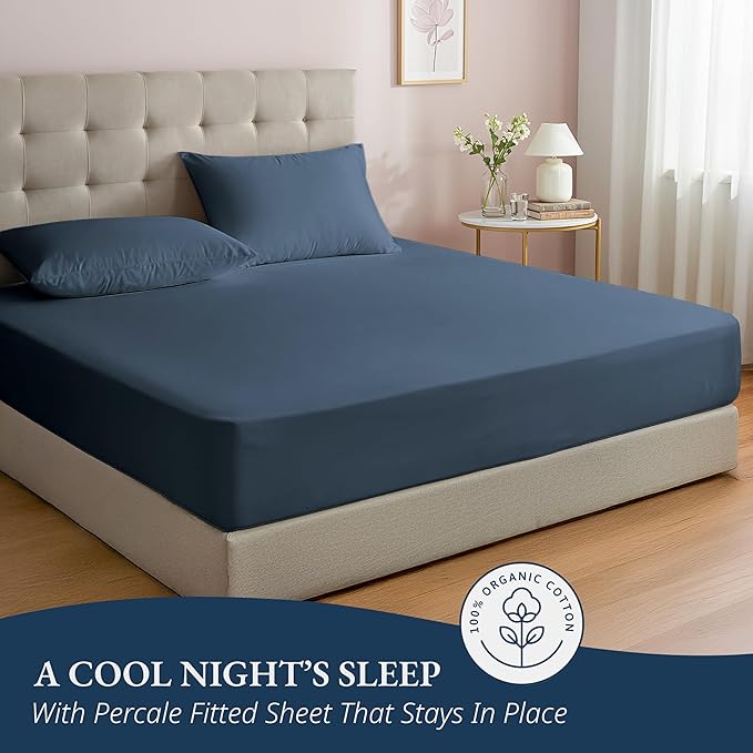 LANE LINEN Fitted Sheet King Size, 100% Organic Cotton, 3-Piece Set (1 Fitted Sheet,2 Pillowcases), Percale Weave, Ultra Soft, Breathable,Fits Mattress Upto 15" Deep - Navy (No Flat Sheet)