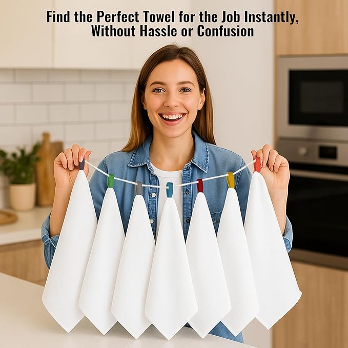 Premium Cotton Kitchen Towels Set of 7 – Ultra Absorbent & Soft Dish Towels with Color Hanging Loops – Quick Dry, Lint-Free Tea Towels for Cooking, Cleaning & Baking - 18"x28"