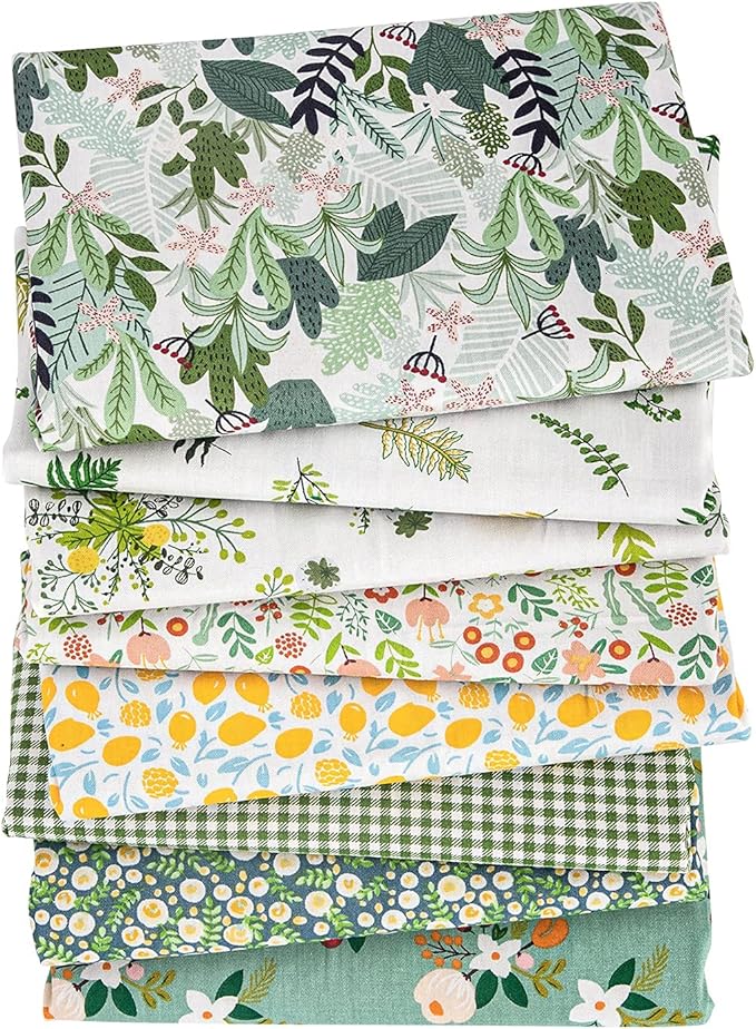 Aubliss 8pcs Fat Quarter Fabric Bundles 20'' x 20'' Cotton Craft Fabric Pre-Cut Squares Sheets for Patchwork Sewing Quilting Crafting(Green Floral)