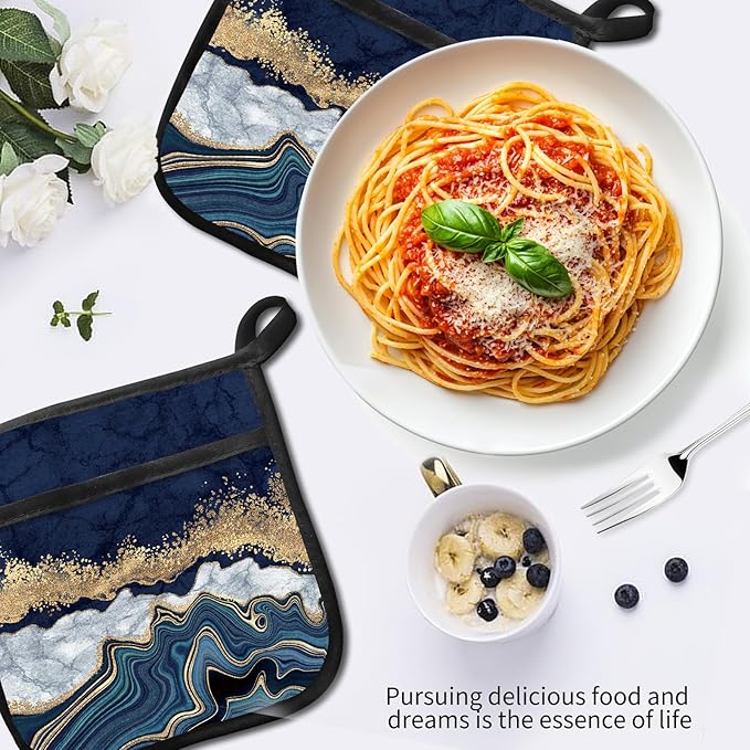 2 Pack Pot Holders for Kitchen Clearance, Cute Hot Pads, Funny Oven Pot Holders, Potholders Sets for Kitchen Heat Resistant Luxury Blue Marble