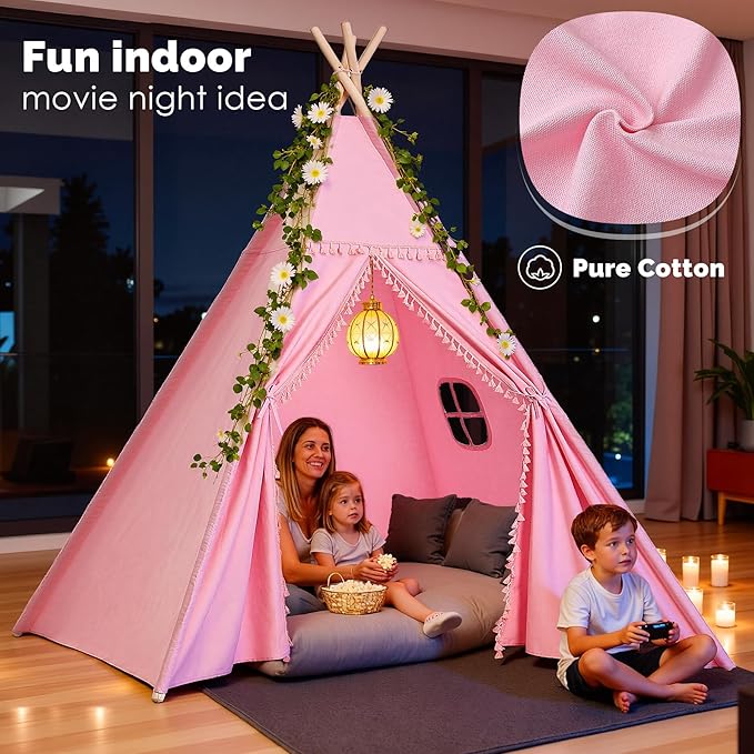 Sumbababy Large Teepee Tent for Kids Indoor - Cotton Canvas Slumber Play Tents for Adults - Foldable Sleepover Tents for Girls Boys Party Gift Toy, Pink