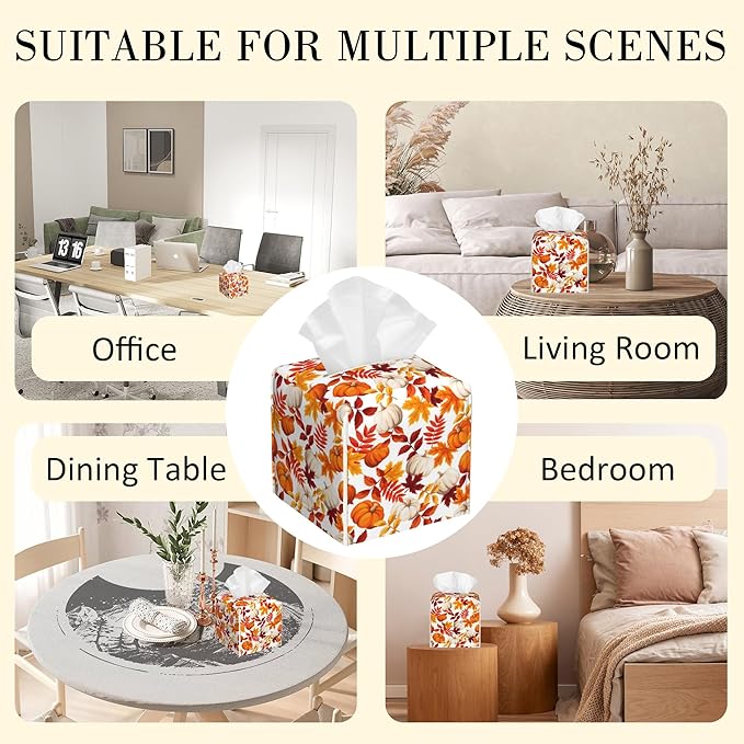 POIUBLE Leather Tissue Box Holder Autumn Pumpkins and Leaves Tissue Box Cover Thanksgiving Square Waterproof Tissue Holder Organizer Modern Napkin Holder for Bedroom Dresser Night Stand Office Desk