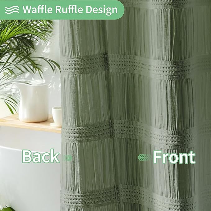 Lameirose Extra Long Sage Green Shower Curtain Farmhouse,72 x 78 Cotton Blend Waffle Tufted Striped Chic Textured Fabric Shower Curtain for Bathroom, Hotel