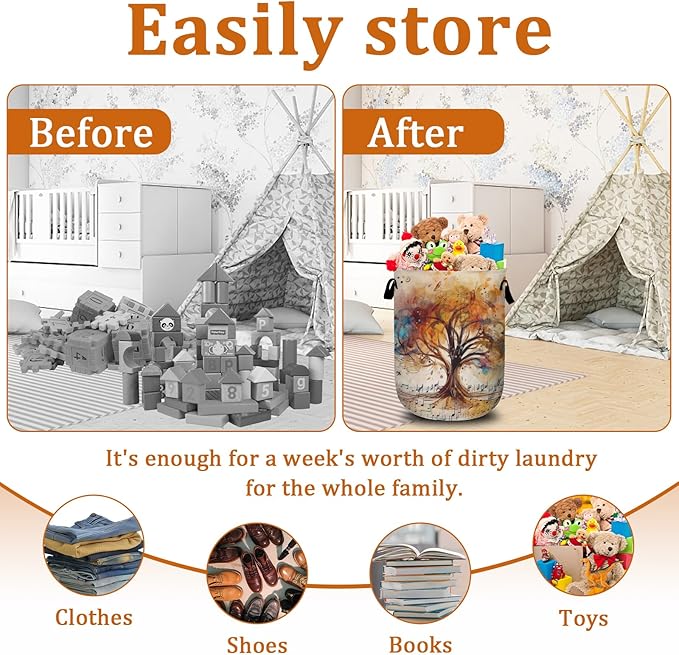 Colorful Tree Laundry Basket with Sturdy Handles, Music Notes Collapsible Oxford Cloth Laundry Hamper Organizer Basket for Bathroom Bedroom 15.7x20 Inch